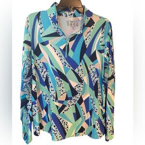 Ibkul Sz 2XL Turquoise Blue Geometric Print UV Sun Protection Long Sleeve Top